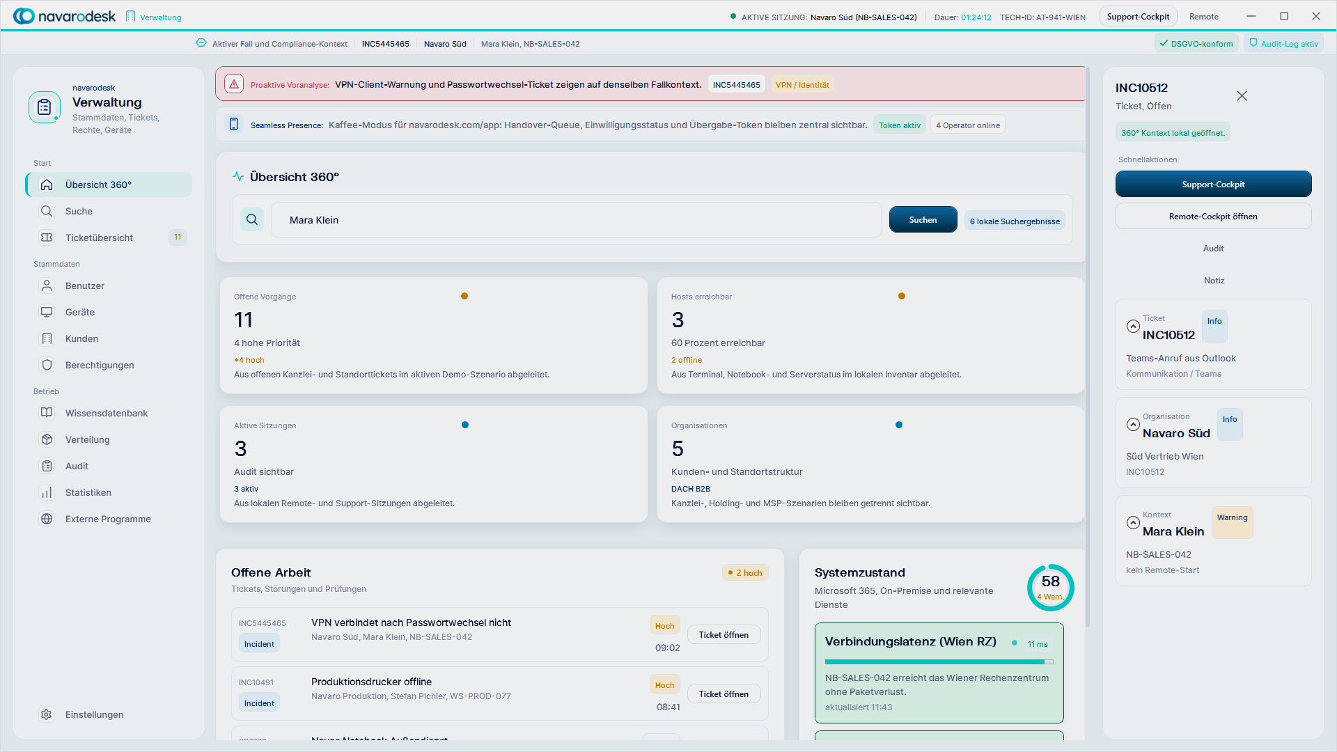 navarodesk Verwaltung mit Arbeitsübersicht