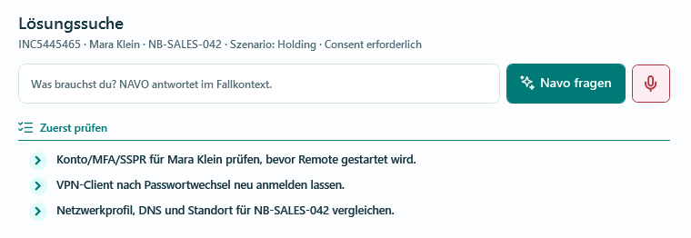 Ausschnitt aus dem Support-Cockpit: NAVO schlägt Prüfschritte zum laufenden Fall vor