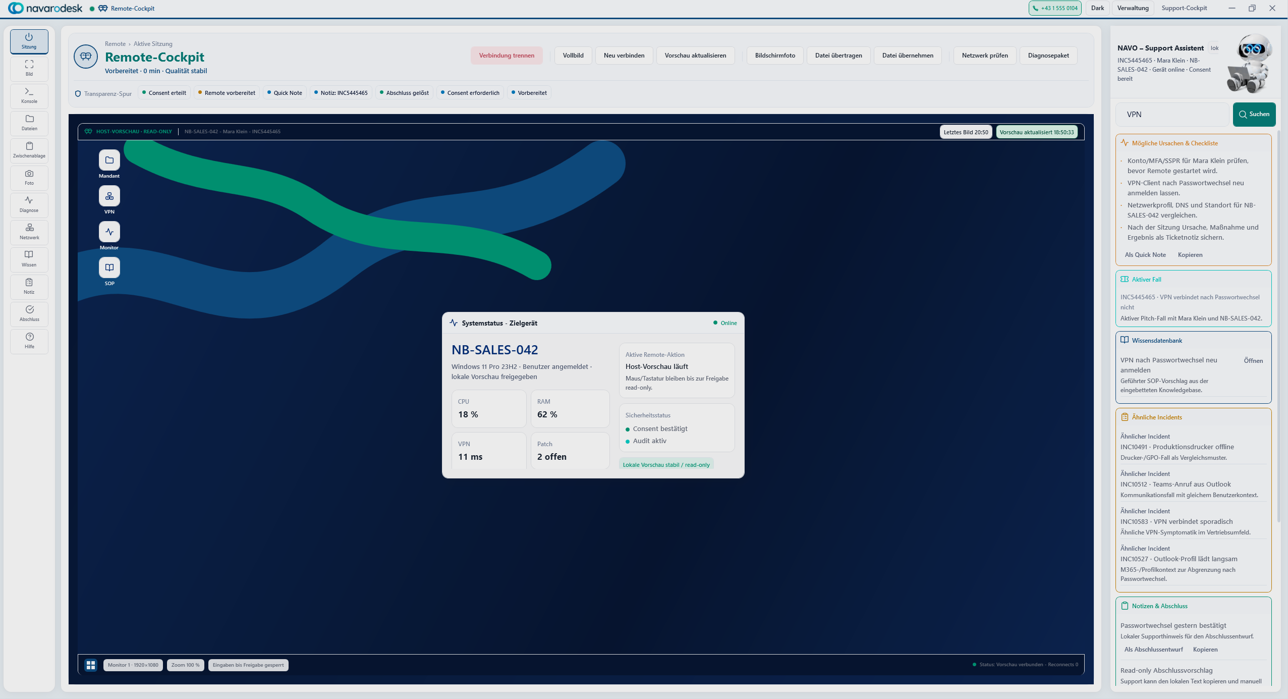 navarodesk Remote-Cockpit mit Werkzeugleiste, Host-Vorschau und Support-Assistent