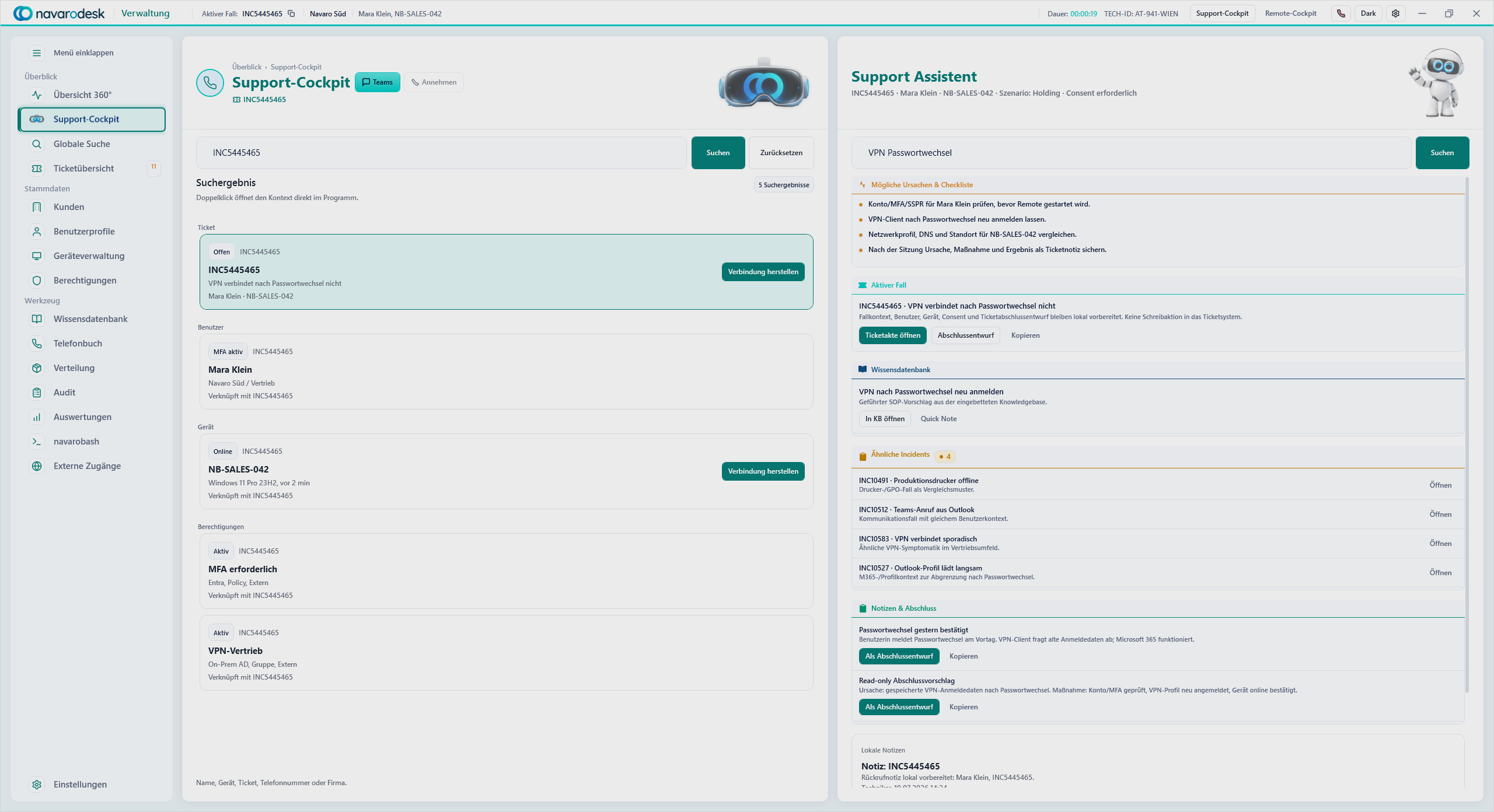 Aktueller navarodesk Screenshot: Support-Cockpit